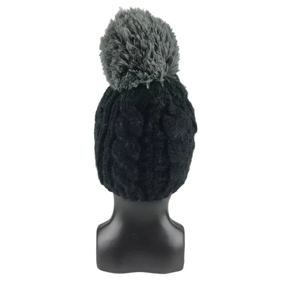 Moon Shadow Womens Black Gray 100% Acrylic Pom Top Knitted Beanie Hat One Size - Picture 5 of 11